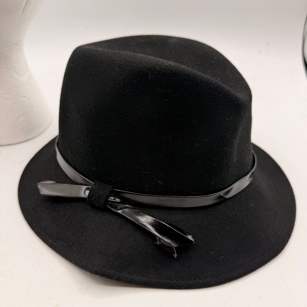 Classic Black Wool Fedora Hat with Patent Bow Trim